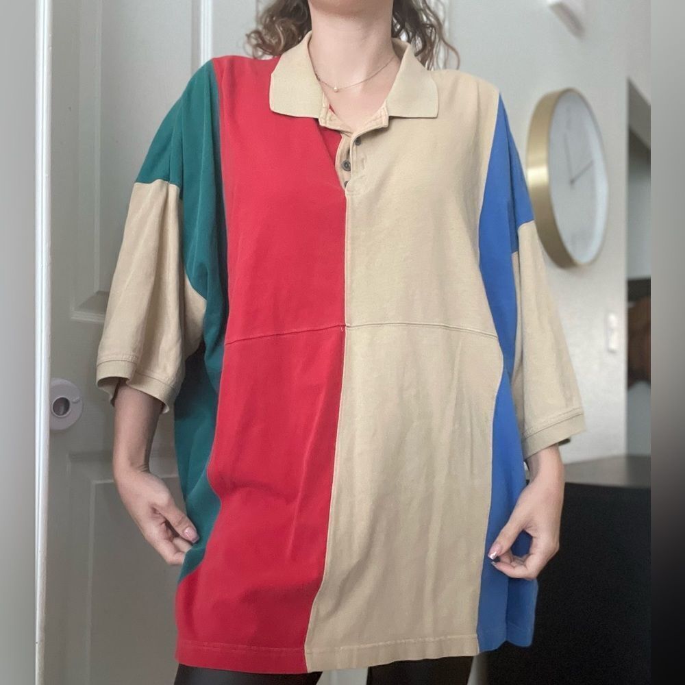 Vintage Multicolor Colorblock Striped Polo Shirt Sz XL Tall‎ Blue Green Tan